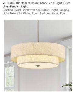 VONLUCE 18" Modern Drum Chandelier, 4-Light 2-Tier Linen Pendant Light Brushed Nickel Finish