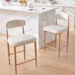 2pcs Boucle Counter Height Bar Stool for Kitchen Island, Dining Room Metal Armless Chair Upholstered Barstools Set of 2