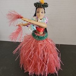 Vintage Dashboard "Hula Dancer" Pink Grass Skirt/Red Top 6.5" Tall