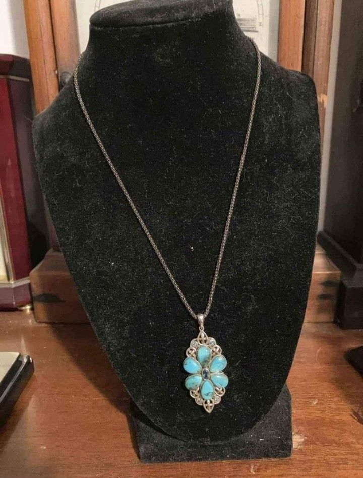 Sterling Silver Necklace 18 in Total Length With Sterling And Torquoise And Blue Topaz Pendant
