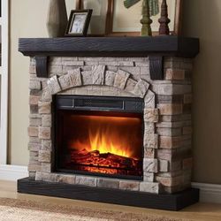 Electric Fireplace with Mantel, 40”W Faux-Stone Fireplace Mantel, Tall Fire Place Freestanding with Brightness & Temperature LED Flame for Living Room