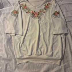 Cottage Core Floral Embroidered Ribbed Tee