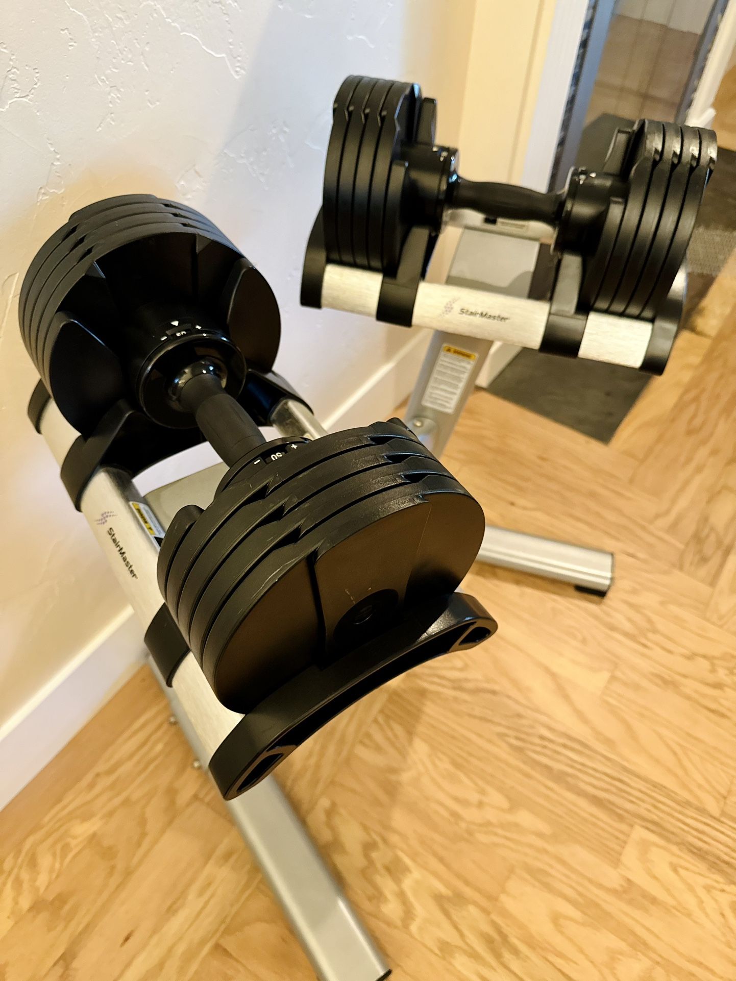 Pair Of 50 Pound Stairmaster / Core Home Adjustable Dumbbells With Stand