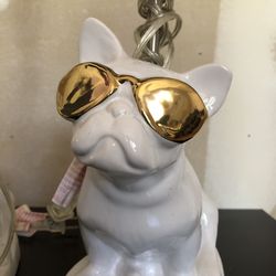 Pair of White Ceramic French Bulldog Table Lamps w/ Gold Sunglasses
