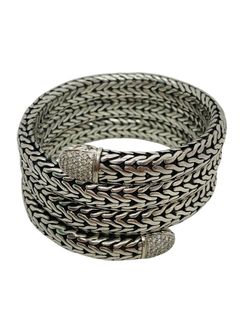 John Hardy .925 Sterling Silver 18k Gold Four row coil pave Diamond Wrap Bracelet