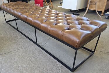 Eichholtz Tufted Bench – Cognac Brown & Black Steel Frame – Luxury Designer