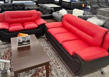 Red and Black Faux Leather Sofa and Loveseat Set