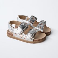 ZARA Kids Metallic Silver Star Sandals sz 7
