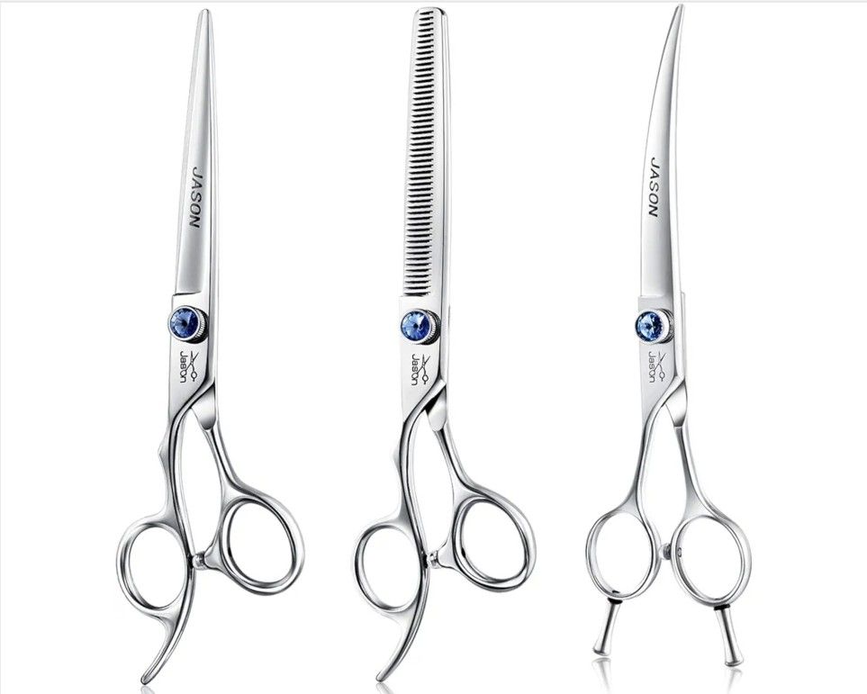 JASON Left Handed 7" Dog Grooming Scissors Set, 3 in 1 Ergonomic Blending, Curved, Straight Cat Pet Hair Trimming Thinning Professional Kits with Offs