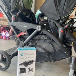 Options Contors Elite Double Stroller With Car seat Attachment, Child Tray, And Toddler Seat  