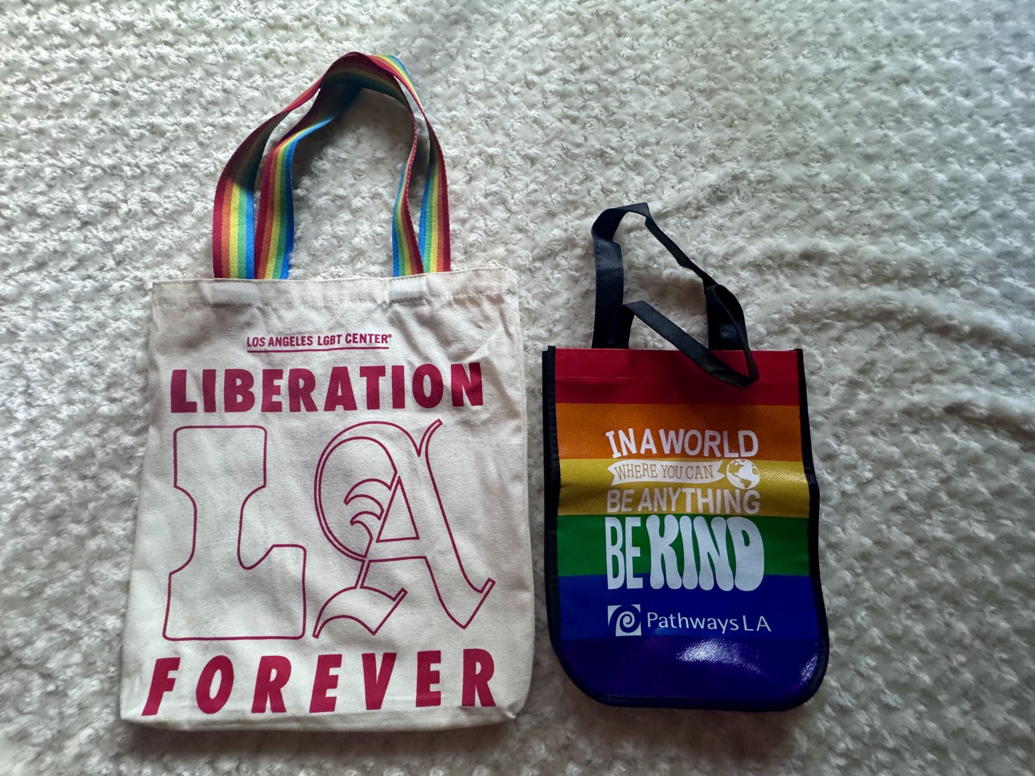 LGBT Rainbow Shopping Bags Tote Liberation LA Forever Los Angeles Rare Be Kind