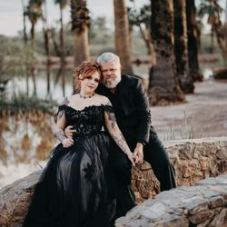 Black tule and lace wedding gown