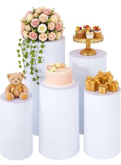 5PCS Cylinder Pedestal Stands for Parties, White PVC Cake Stand Round Cylinder Stands Pedestal Display Plinth Pillars Dessert Table Pedestal for Weddi