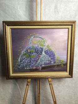 Still Life Harvested Grapes In Basket, Painting On Canvas, Signed Esperanza, Medium Wall Art