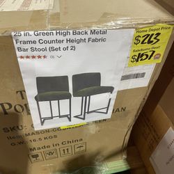 SaleSumo 25 in. Green High Back Metal Frame Counter Height Fabric Bar Stool (Set of 2)