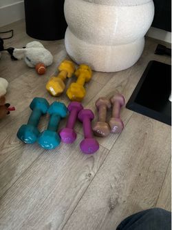 Dumbbells pairs 4x3,2x5,2x8, 36 pounds.View the comment below.
