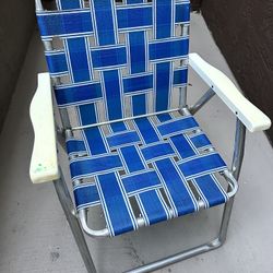 Vintage Aluminum Beach Lawn Chair Outdoor Folding Chair Nylon Webbed Blue Low