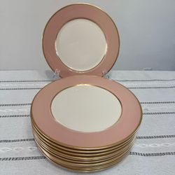 12 Vintage Flintridge Sylvan Coral/Pink Gold Rim Dinner Plates 10” MCM