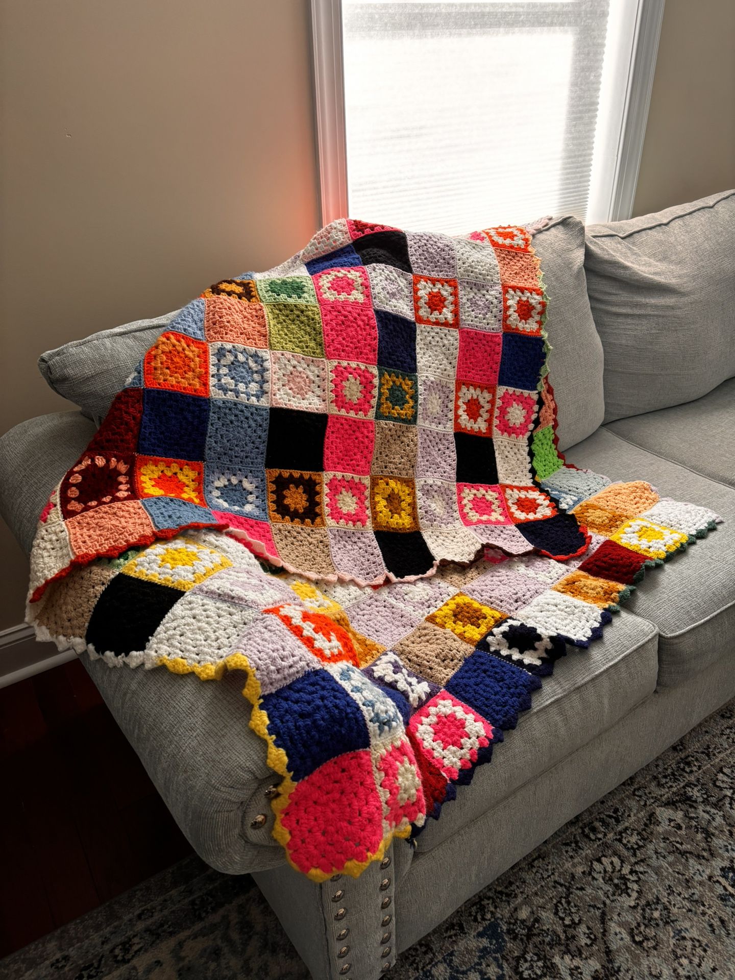 Handmade Crochet Granny Square Afghan: Colorful Retro Throw Blanket