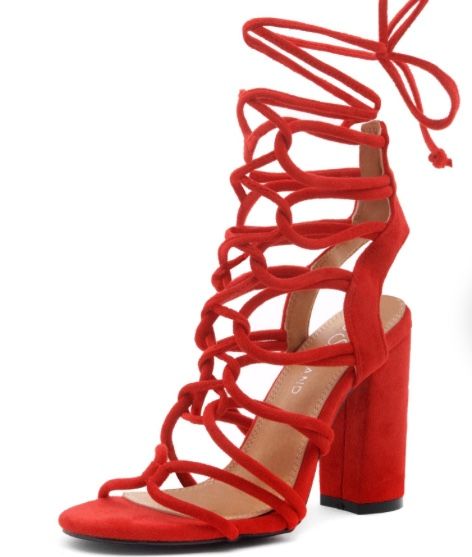 Shoe Land KYLER Women's Open Toe Lace Up Party Shoes Chunky Block Heeled Sandals Red