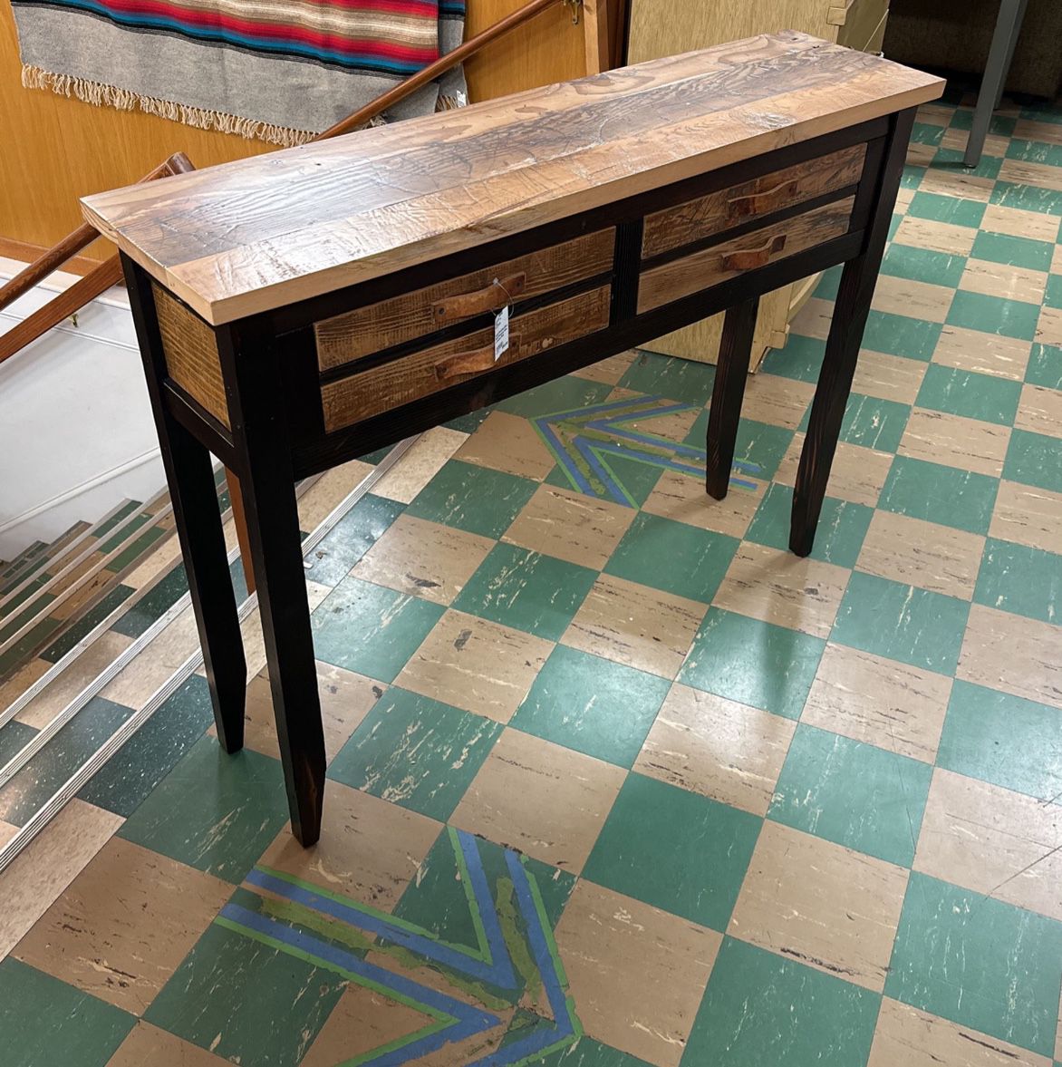 Unique Barn Wood Entry Table With Leather Pulls