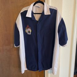 Blue and white 3X bowling shirt with cards on the front design