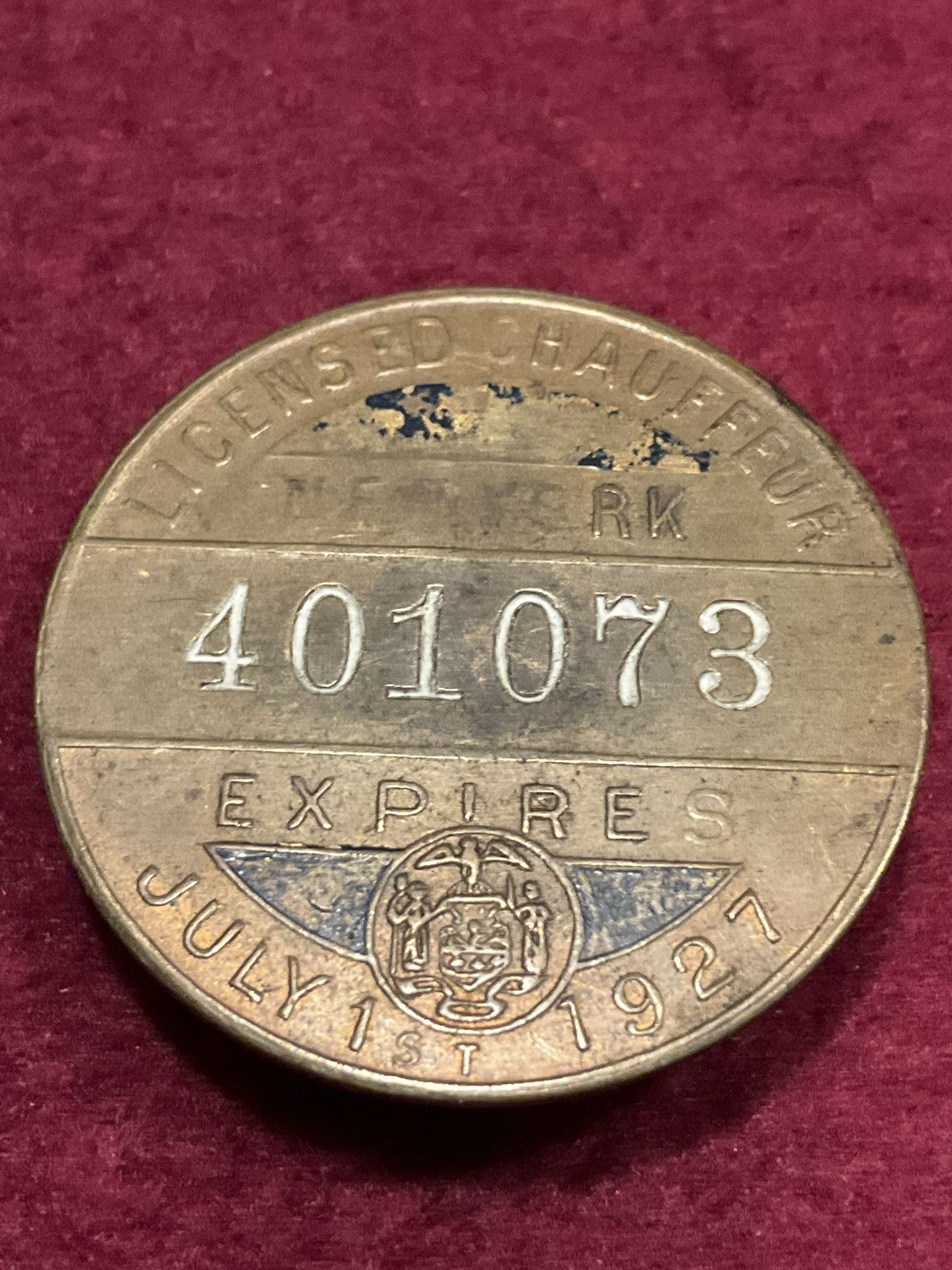 Vintage 1927 New York Chauffeur Badge #401073 Screw Back 36 mm Diameter
