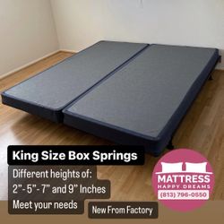 Box Springs King Size of 75” W x 79” L. Available From 5” (Low) to 8” (Reg) Heights. Also Available Twin, Full, Queen And Cali King. New From Factory.