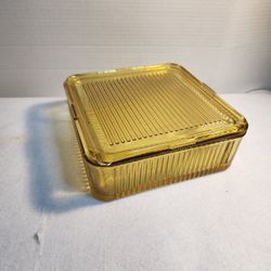 VINTAGE 1940's Federal Glass Amber Ribbed Refrigerator Dish W/Lid Large 8.5X8.5"