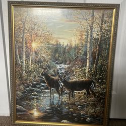 Large Framed Deer Forest Landscape Oil Painting on Canvas, Realism Art