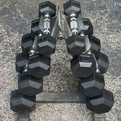 SET OF RUBBER DUMBBELLS (PAIRS OF)  :   5s  10s  15s  20s   &  SMALL PYRAMID  DUMBBELL RACK
   *   *  *  will sell individual pairs
 