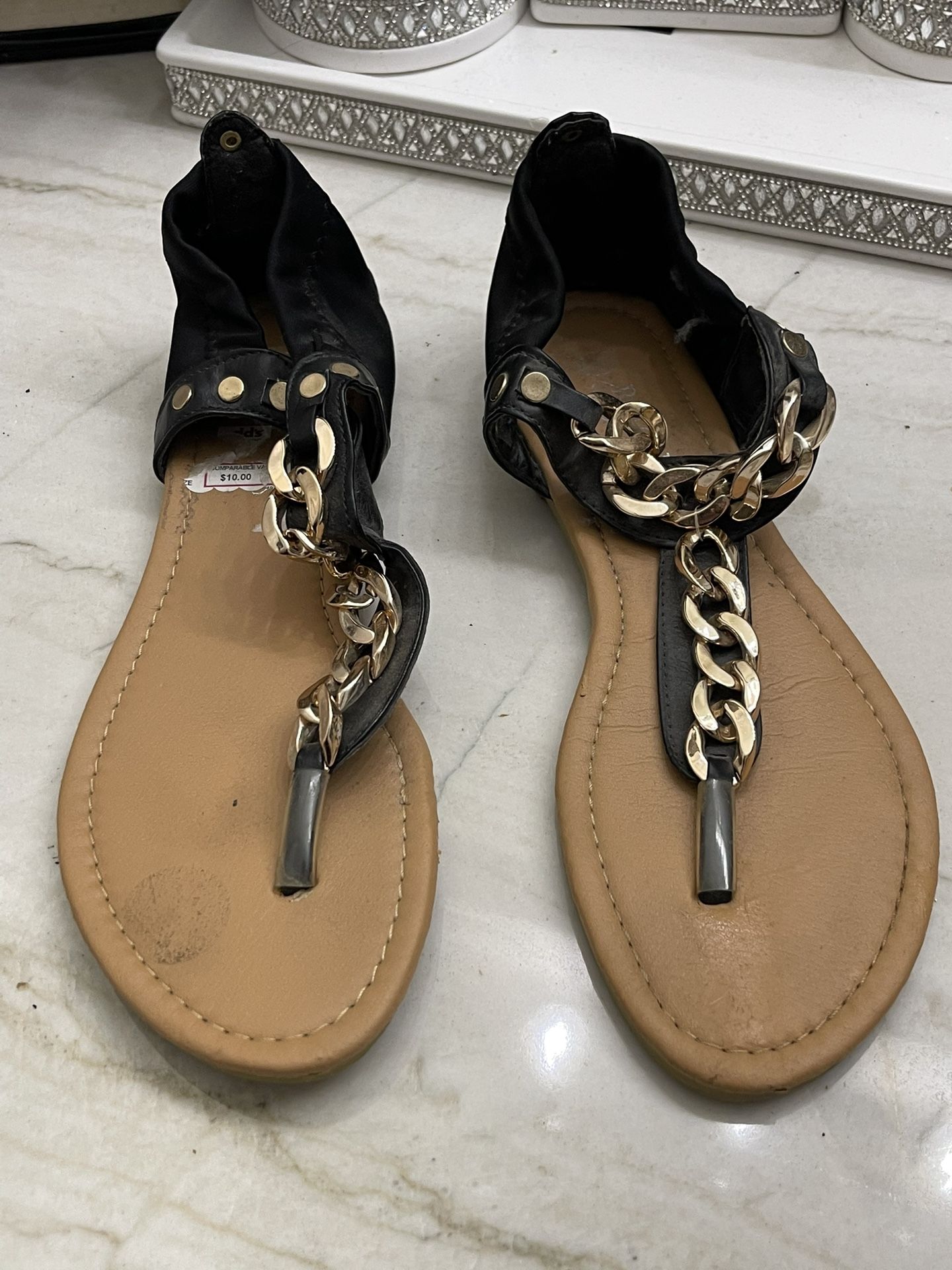 Black with gold chain, flat gladiator sandals