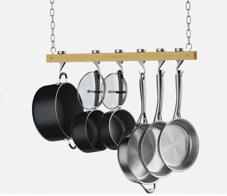 36” Single Bar Ceiling Mounted Wooden Pot Rack With Hooks By Williams Sonoma