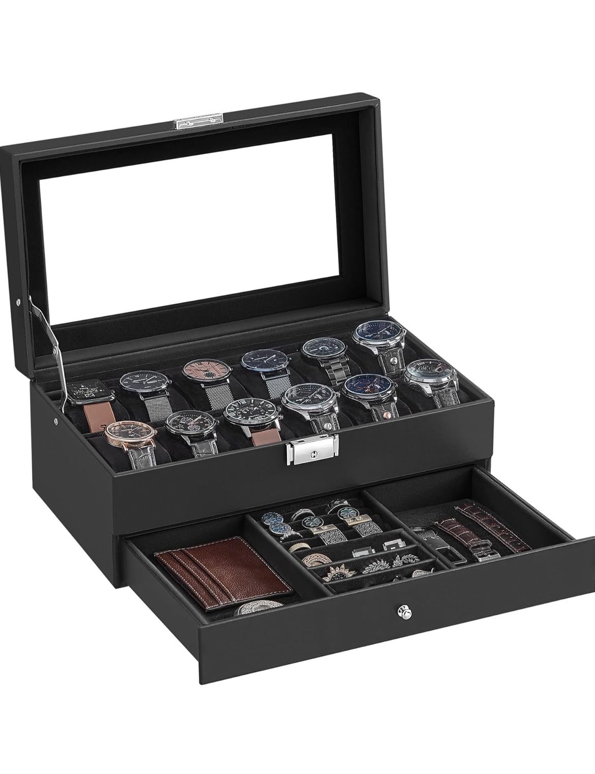 12-Slot Watch Box, Lockable Watch Case with Glass Lid, 2 Layers, with 1 Drawer for Rings, Bracelets, Gift Idea, Black Synthetic Leather, Black Lining