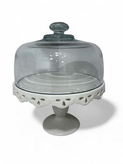 White Ceramic Cake Stand with Glass Dome