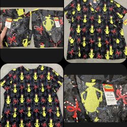 NEW Dr Seuss How the GRINCH Stole Christmas Women’s Scrubs Top 2XL Short Sleeve  Uniform  Nurse  Scrub  Faux Wrap Black, Green Red Bows,Candy Bag 