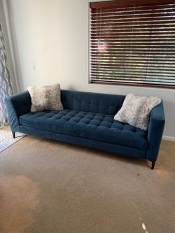Jonathan Louis Blue Velvet Tufted Sofa – Decent Condition