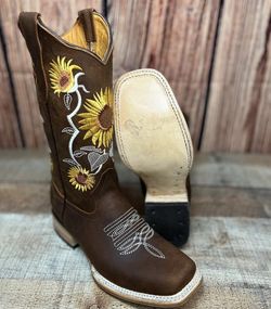 Bota Vaquera Para Dama Estilo Rodeo Girasoles Women Western Cowgirl Genuine Leather Sunflower Square Toe Boots 