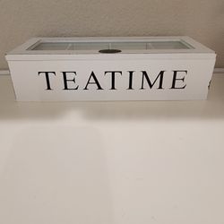 White “TEATIME” Wooden Storage Box – 4 Compartments