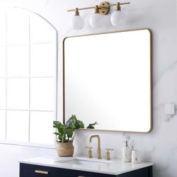 40 In. x 36 In. - Rounded Edge Rectangular Metal Framed Mirror w/ Brushed Gold Finish [NEW IN BOX] **Retails for $300