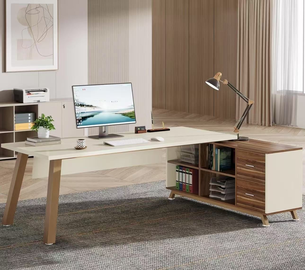 JW0868AB 71-Inch Executive Desk, L-Shaped Desk with 55-Inch Cabinet, Large Office Desk with Storage Shelves, Modern Computer Desk for Home Office, Wal