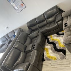Going out of business sale. Madrid, gray leather reclining sofa and loveseat set now $1099. Easy finance option. Same day delivery.