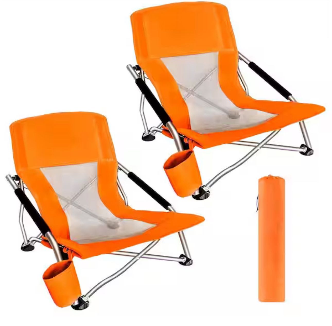 Beach Chair for Adults, Low Beach Camping, Folding Chair (Orange 2-Pk)