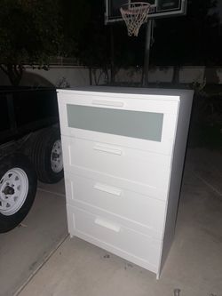 White 4-Drawer Tall Dresser with Glass Panel
