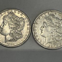 Two 1890-O  Morgan 97% Silver Dollars