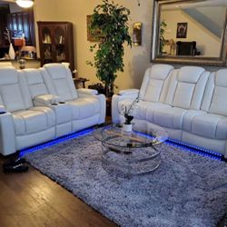 Party Time White LED Power Reclining Living Room Set with Adjustable Headrest (Sofa and Loveseat