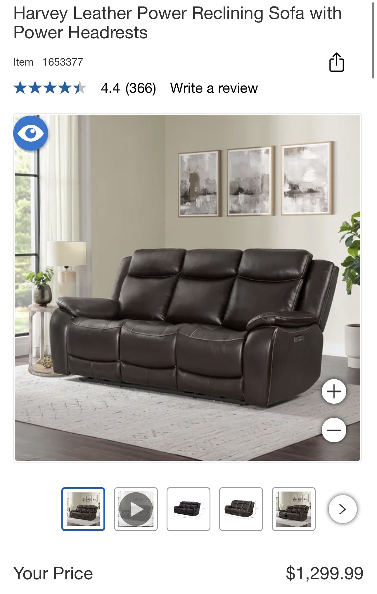 Harvey Leather Power Reclining Sofa with Power Headrests