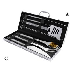 7-Piece Stainless-Steel BBQ Cooking Utensils Set - Barbecue Grill Accessories with Aluminum Portable Handled Storage Case by Home-Complete (Silver)