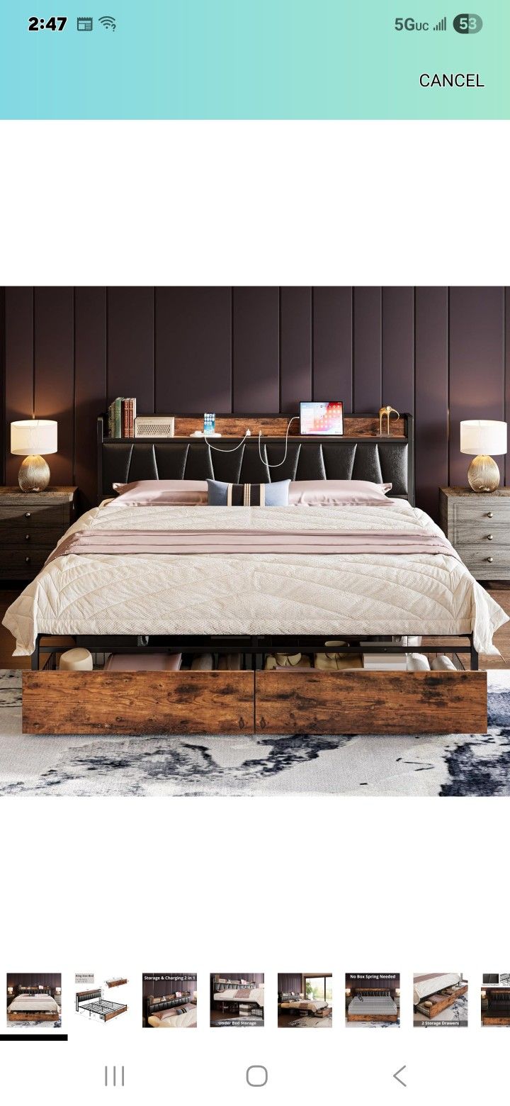 LIKIMIO King Size Bed Frame, Storage Headboard with Charging Station, Platform Bed with Drawers, No Box Spring Needed, Easy Assembly, Vintage Brown an