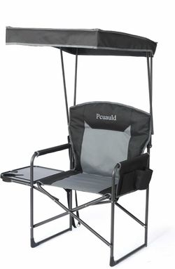 Oversized Camping Chairs with Canopy Foldable Directors Chair with Side Table & Pockets Portable Adults Heavy Duty Outdoor Folding Chairs for Lawn, Be